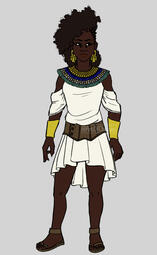 Dark skinned human woman with coily hair styled in a side-braided afro. Wearing Ancient Egyptian inspired attire.