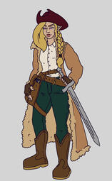 Flat colours only, female character wearing a dark red tricorn hat and long fur lined coat. She has a sword on her left hip.