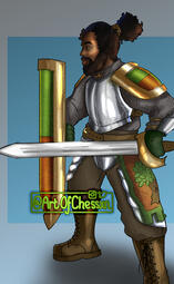 Black male character in shiny armour with sword, shield and pauldron. Bearded, with dark brown hair tied back in a puff.