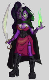 Cel shaded tiefling woman with purple skin and object source lighting from a green flame in her hand