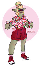 Strong character with light green skin wearing a modern strawberry-inspired outfit holding a phone and canned beverage.