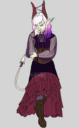 Pale tiefling woman in wild-west inspired skirt. Flat colours only