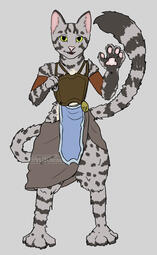 Anthropomorphic cat character with speckled and striped fur details, dressed for adventure.