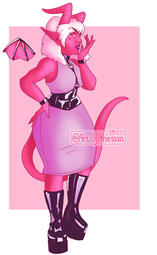 Hot pink demon-inspired character with short white hair and shiny PVC accessories.